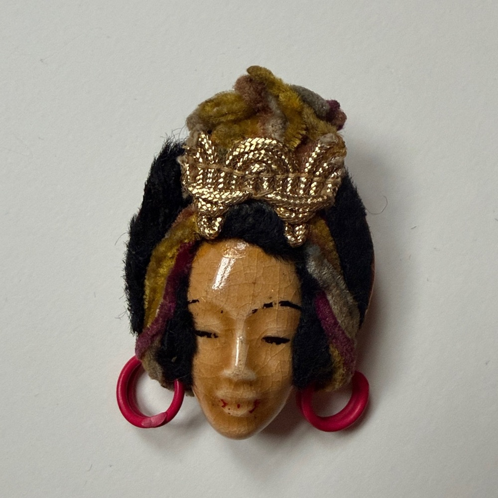 Handcrafted Vintage “Victim of Fashion” Face Brooch with Pink Accents